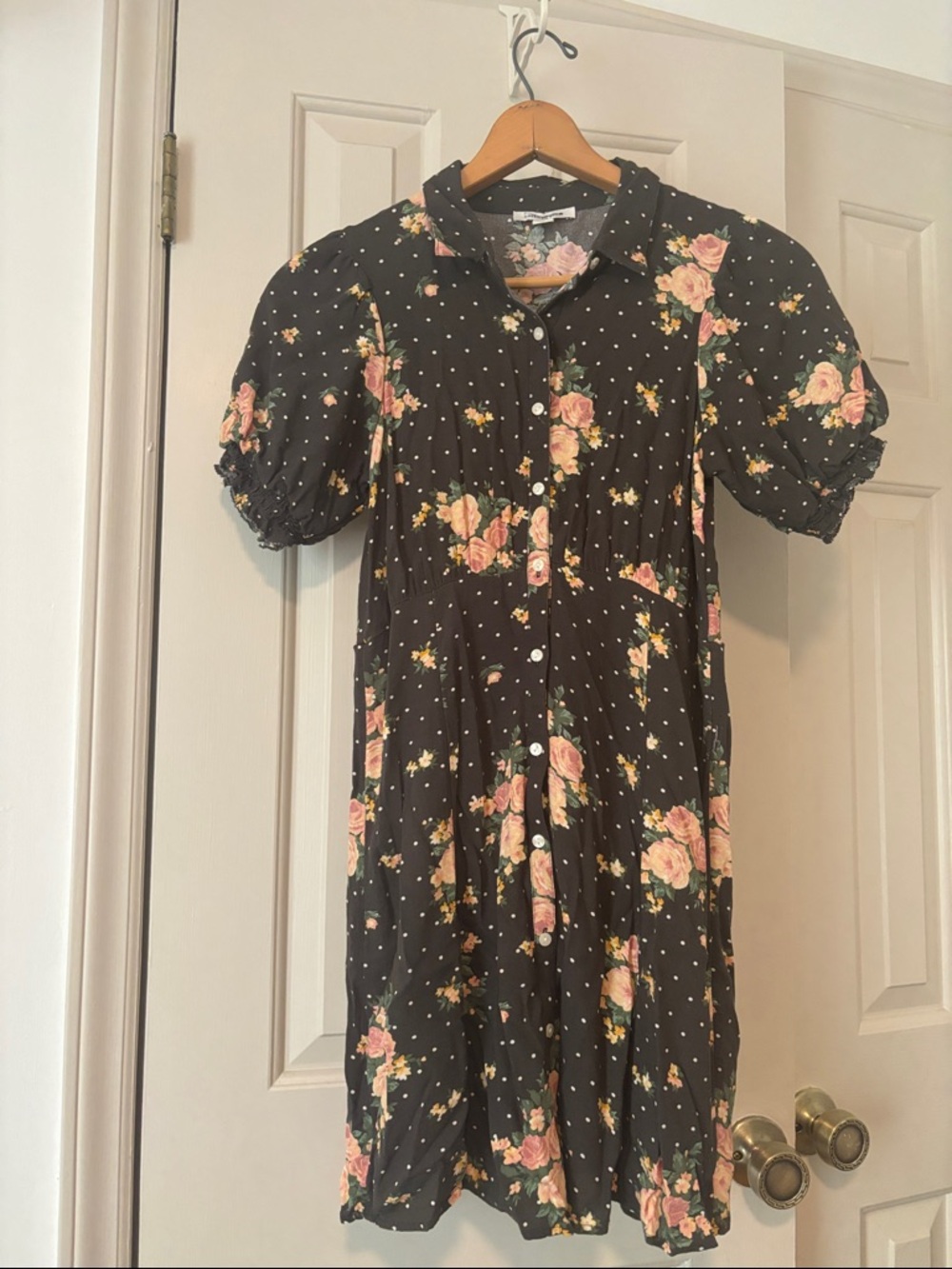 American Eagle Black Floral Polka Dot Button-Up Dress